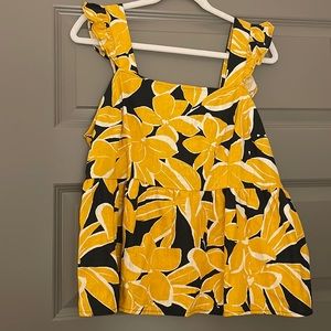 Who What Wear Yellow and Black Ruffle Sleeve Floral Empire Tank Top